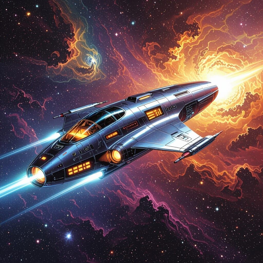 Chrome Spacecraft in Vibrant Nebula Concept Art