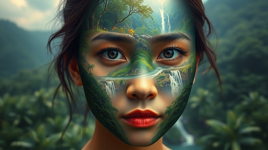 Surrealistic Portrait of Indonesian Woman in Rainforest Land...