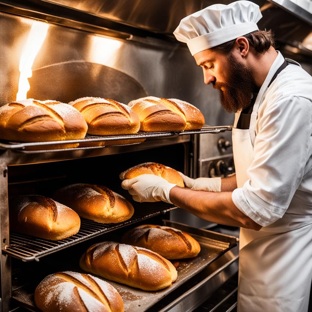 Baker Removes Golden Bread Loaves From Oven