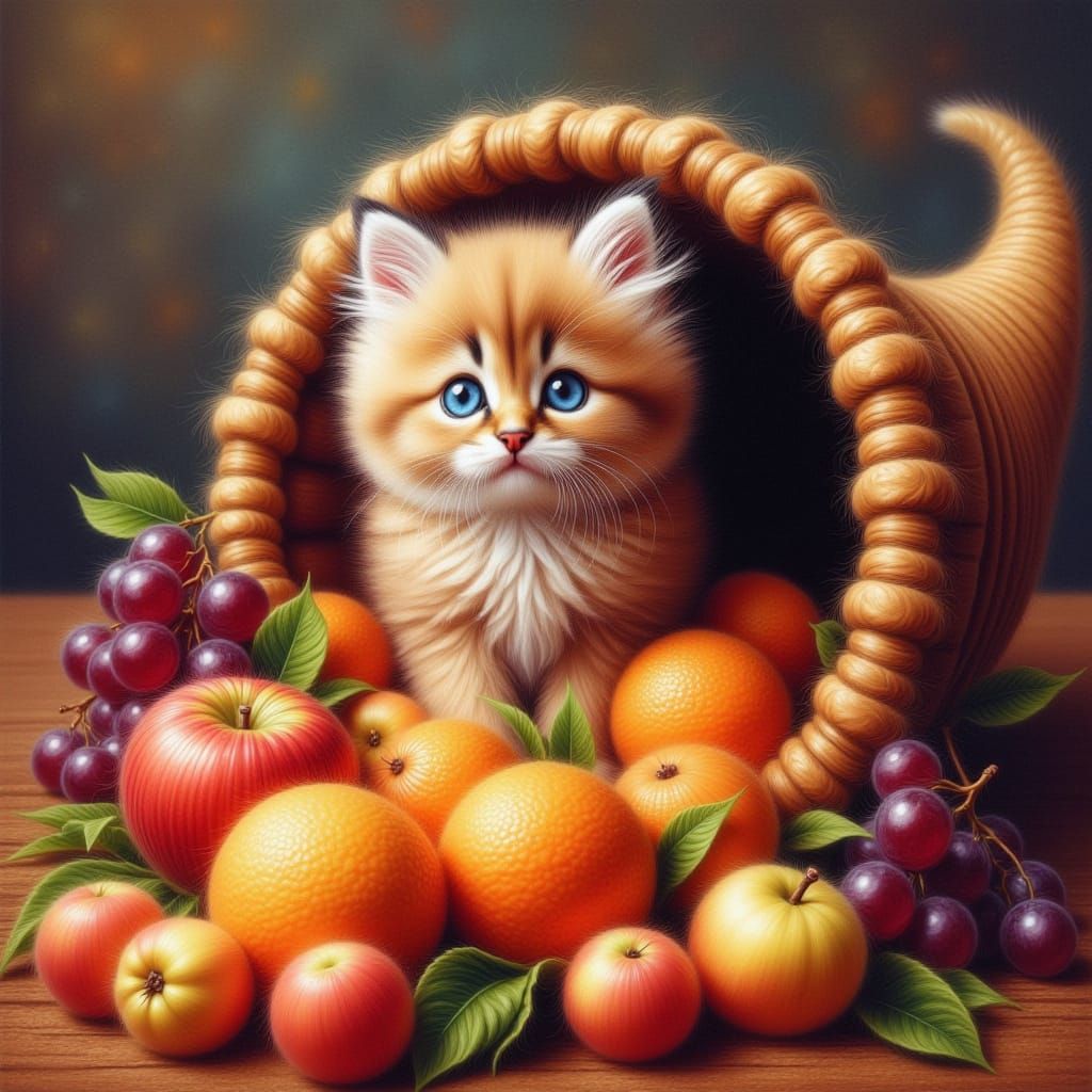 Kitten Peeking from Cornucopia in Graffiti Style