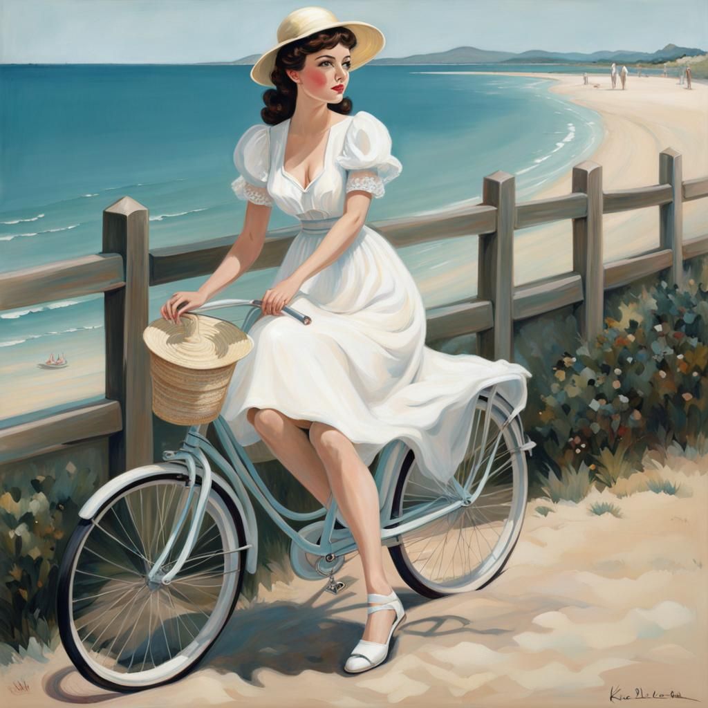 Girl with bicycle at the beach