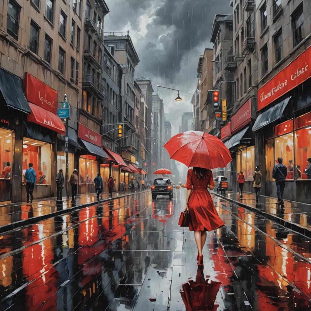 Rainy City Scene with Woman in Red Dress