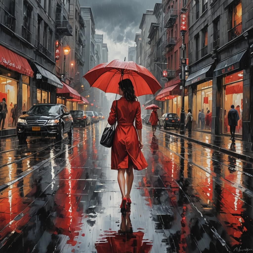 Woman in Red Walking on Rainy City Street
