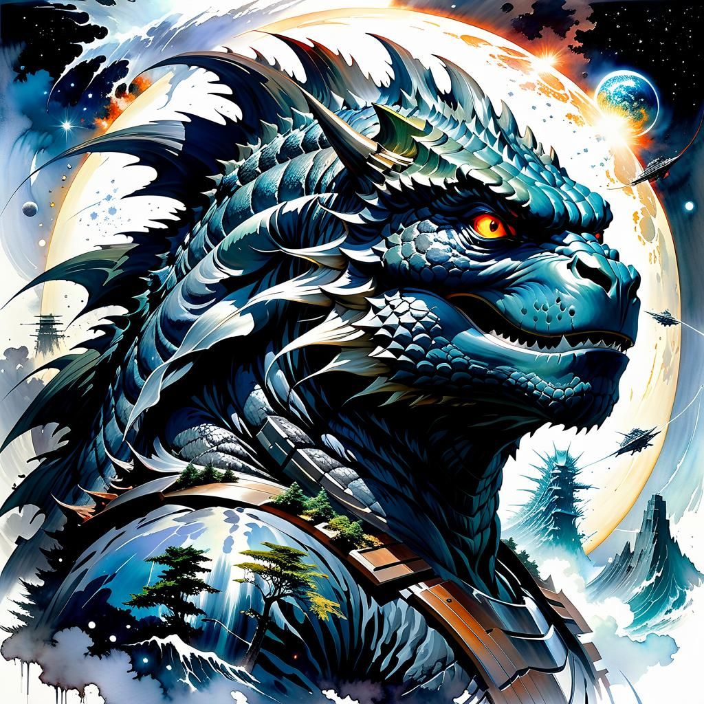 Godzilla Double Exposure Watercolor in a Lofi Style