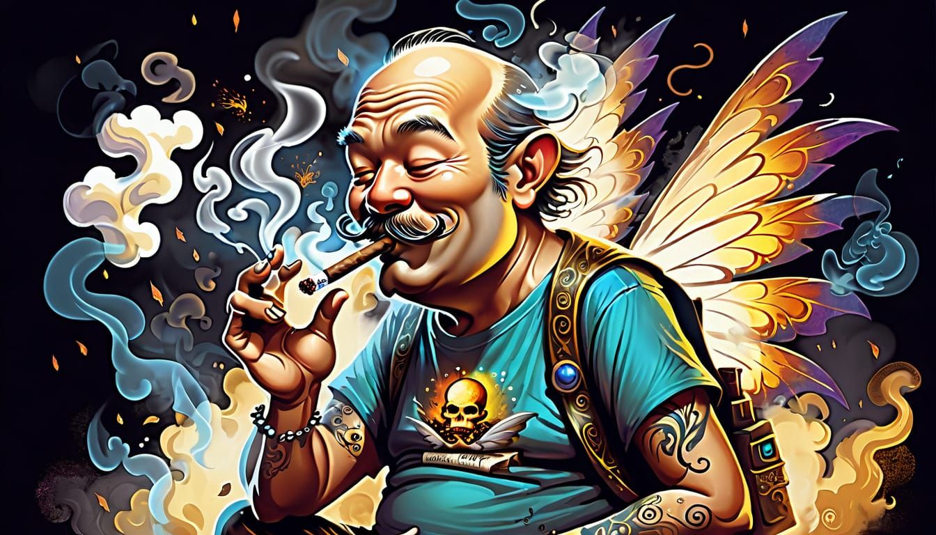 Humorous Fairy Smoking Cigar in Whimsical Style