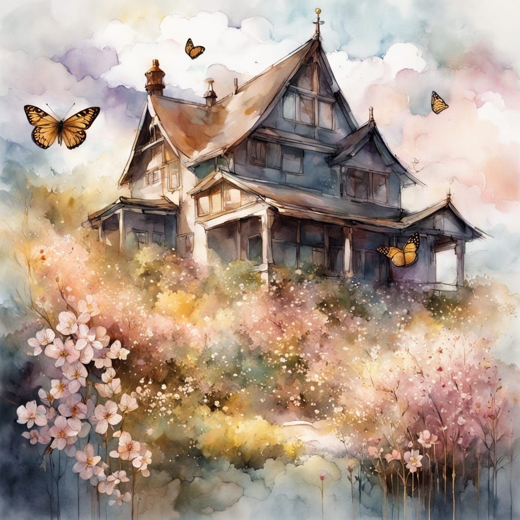Fantasy Lighthouse in Flower Meadow with Butterflies
