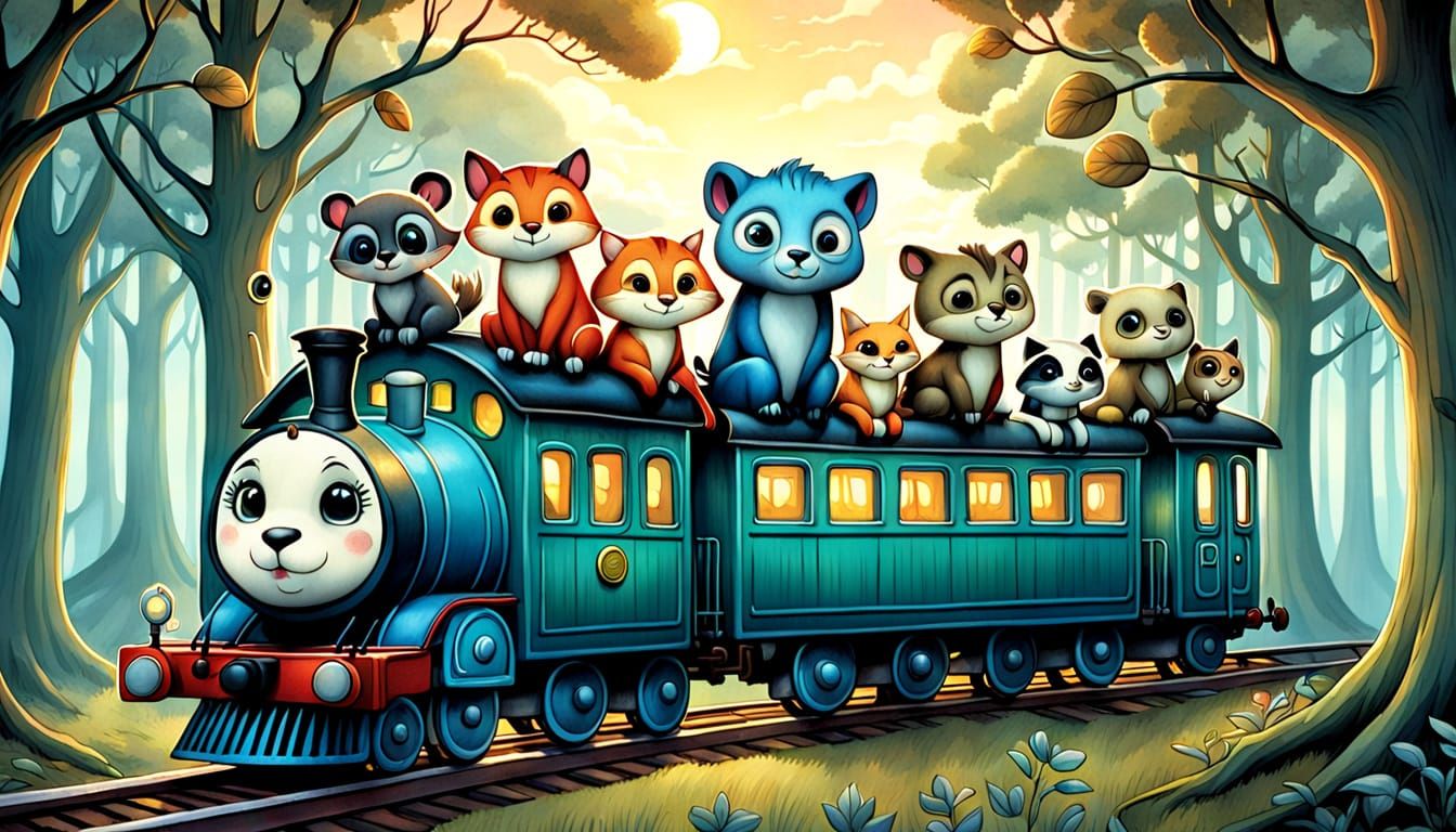 Charming Cartoon Train Adventure in a Vibrant Morning Forest