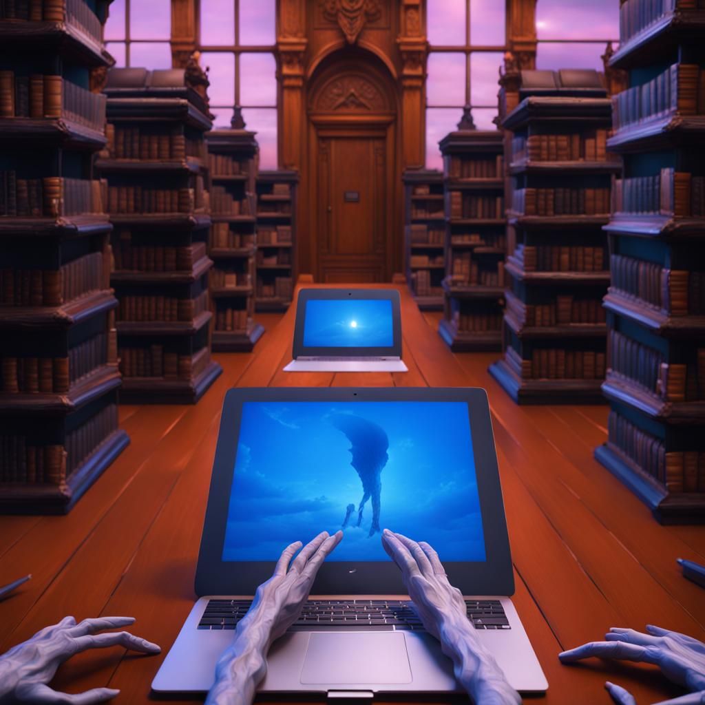 Books and MacBook Holding Hands in Library Art