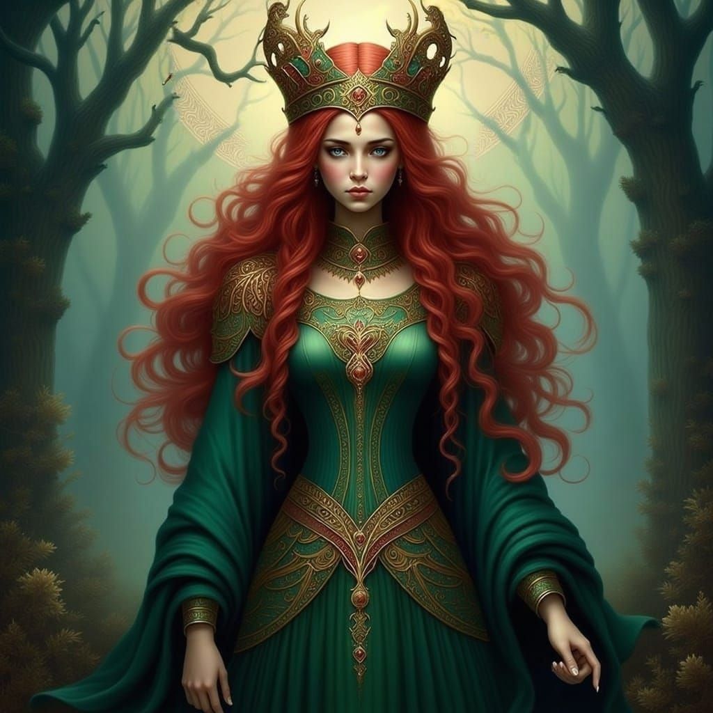 <lora:VICTORIA FLUX:1.0> beautiful Goddess Ancient Celtic Red , ink comic, hyper-realistic image, hyper-detailed, 16k