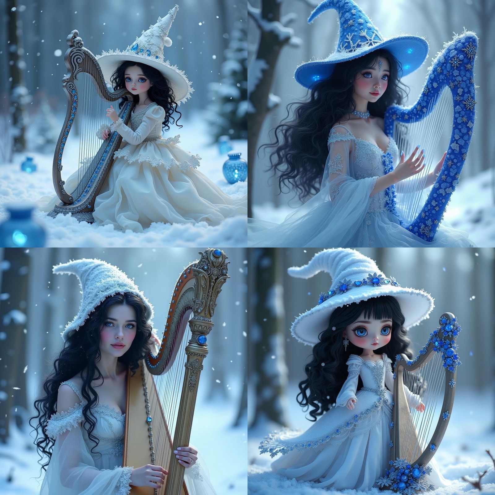3D Illustration of a gorgeous woman doll-like Winter Witch, with black curly hair and sapphire blue eyes, wearing a wint...