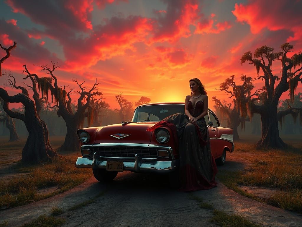 A Star-Spangled Lady Sits on a Vintage Chevy at a Mystical L...