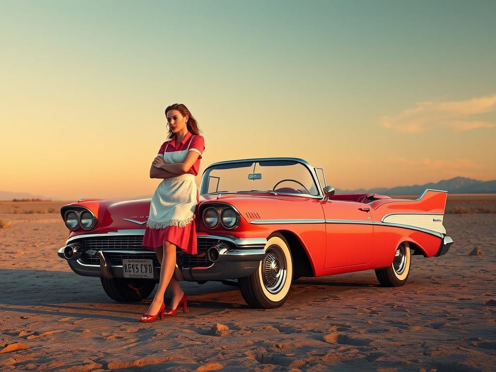 Retro Diner Waitress Stands Alone by a Deserted Levee