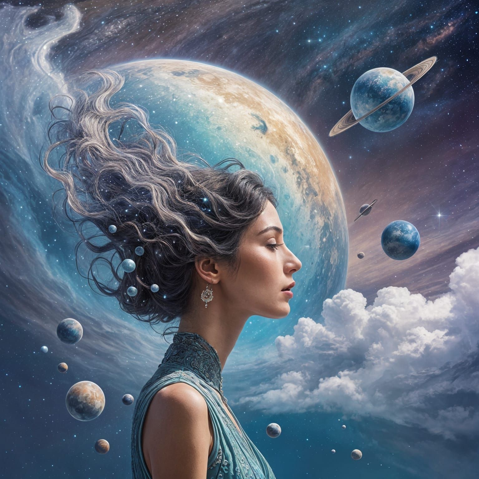 Surreal Goddess Among Celestial Bodies