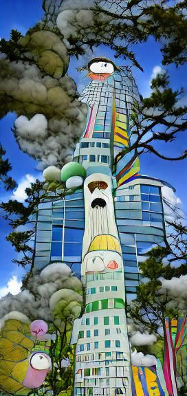 Towering Building in Cartoon Style Reaching Stratosphere