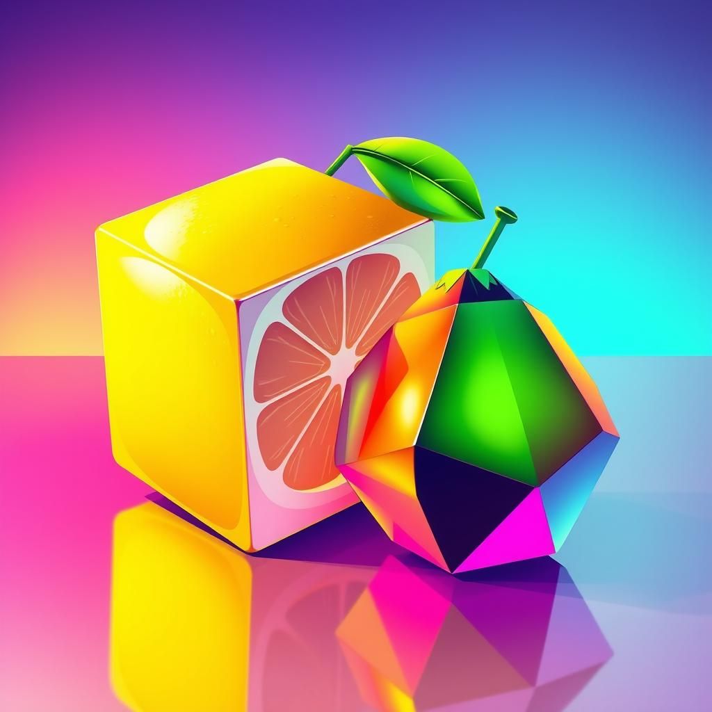 Cube-Shaped Lemon and Fruit in Futuristic Style