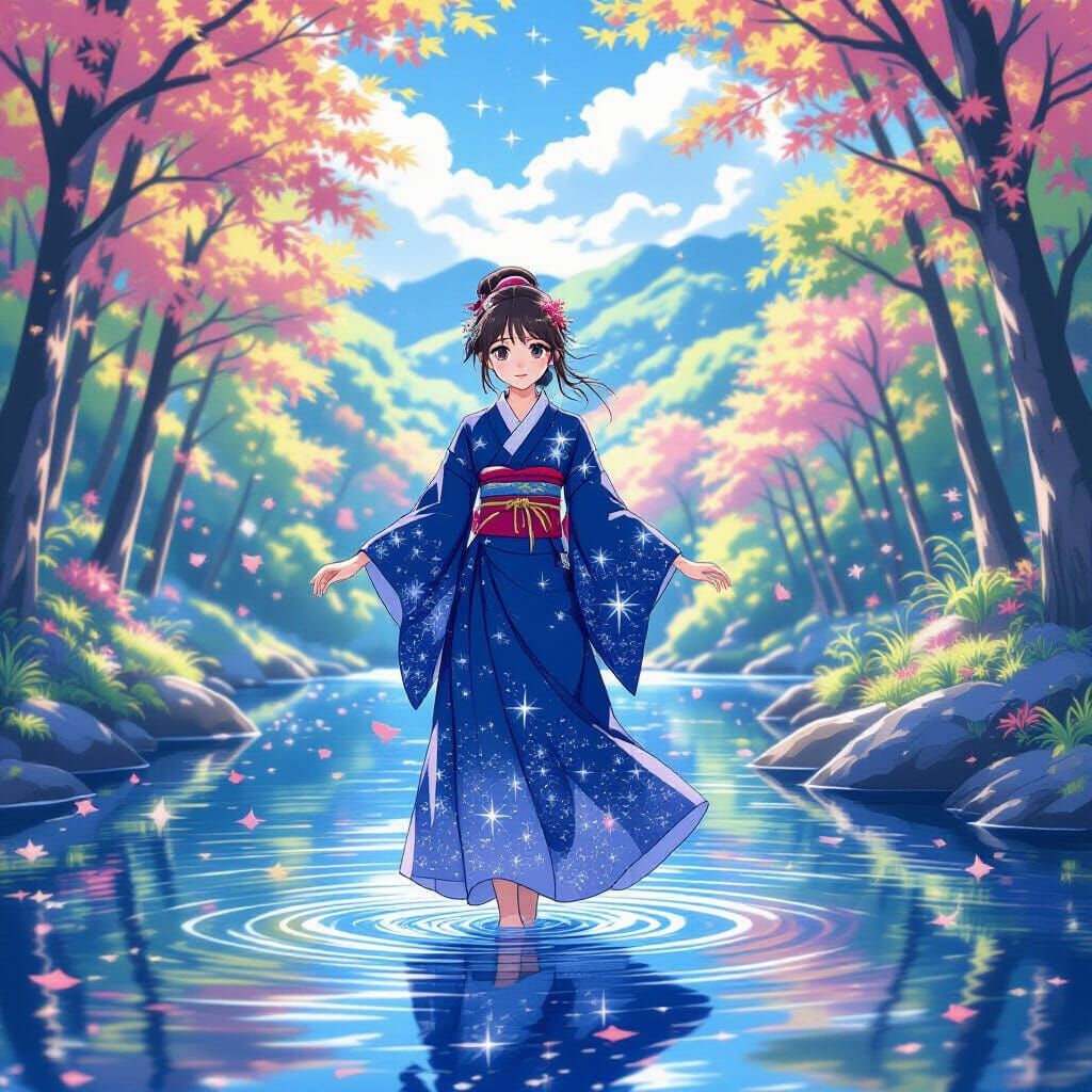 Anime Girl in Starry Hanbok on Tranquil Lake