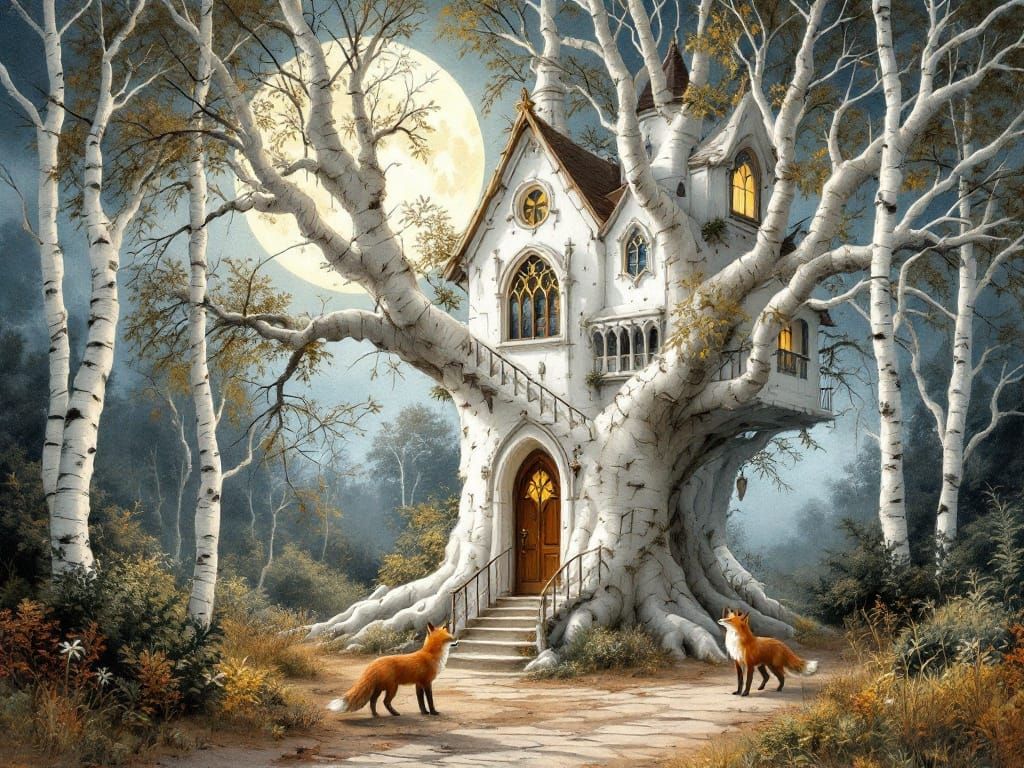Gothic Birch Treehouse Under Moonlit Autumn Skies
