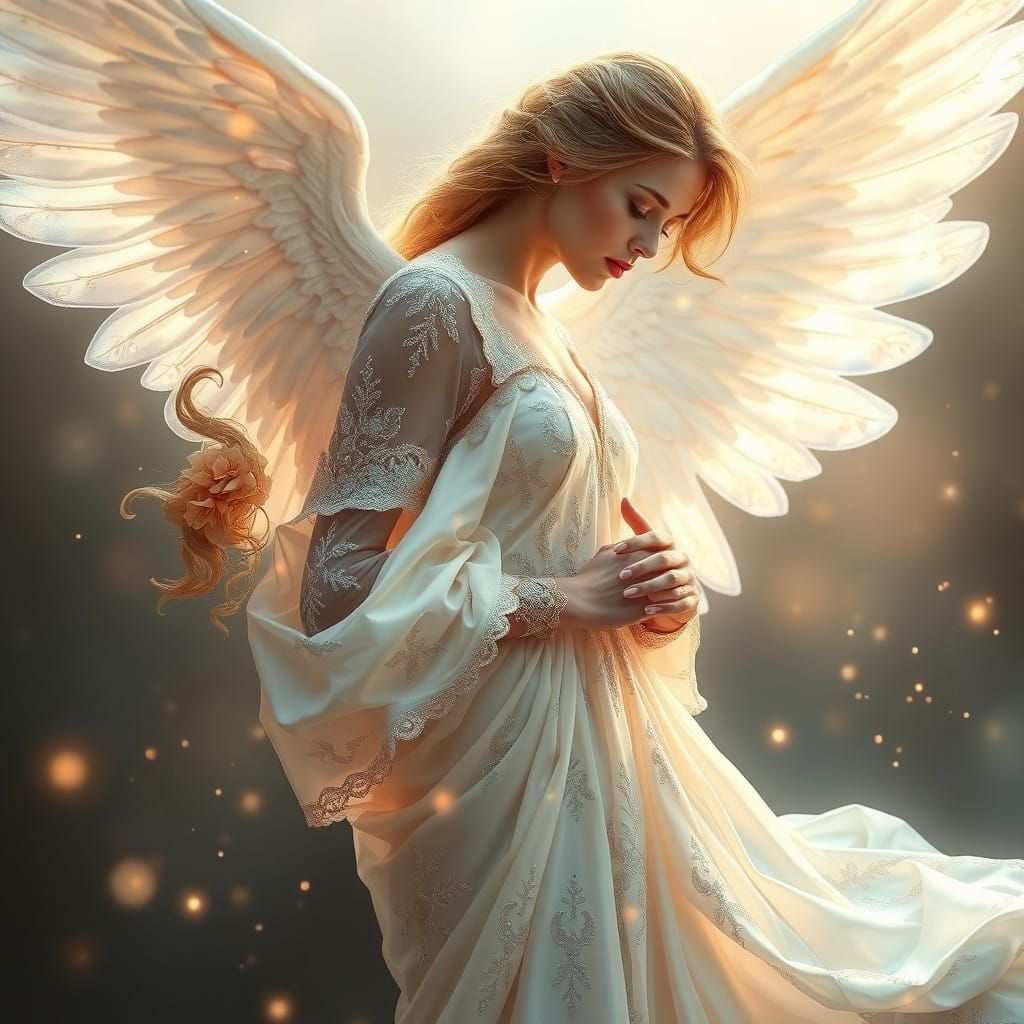 Stunning Angel in Ethereal Gown with Radiant Wings