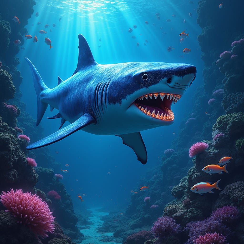 Bioluminescent Great White Shark in Hyperrealistic Surreal C...