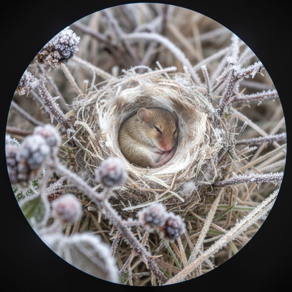 Photorealistic Doormouse Hibernating in Frosted Hedgerow