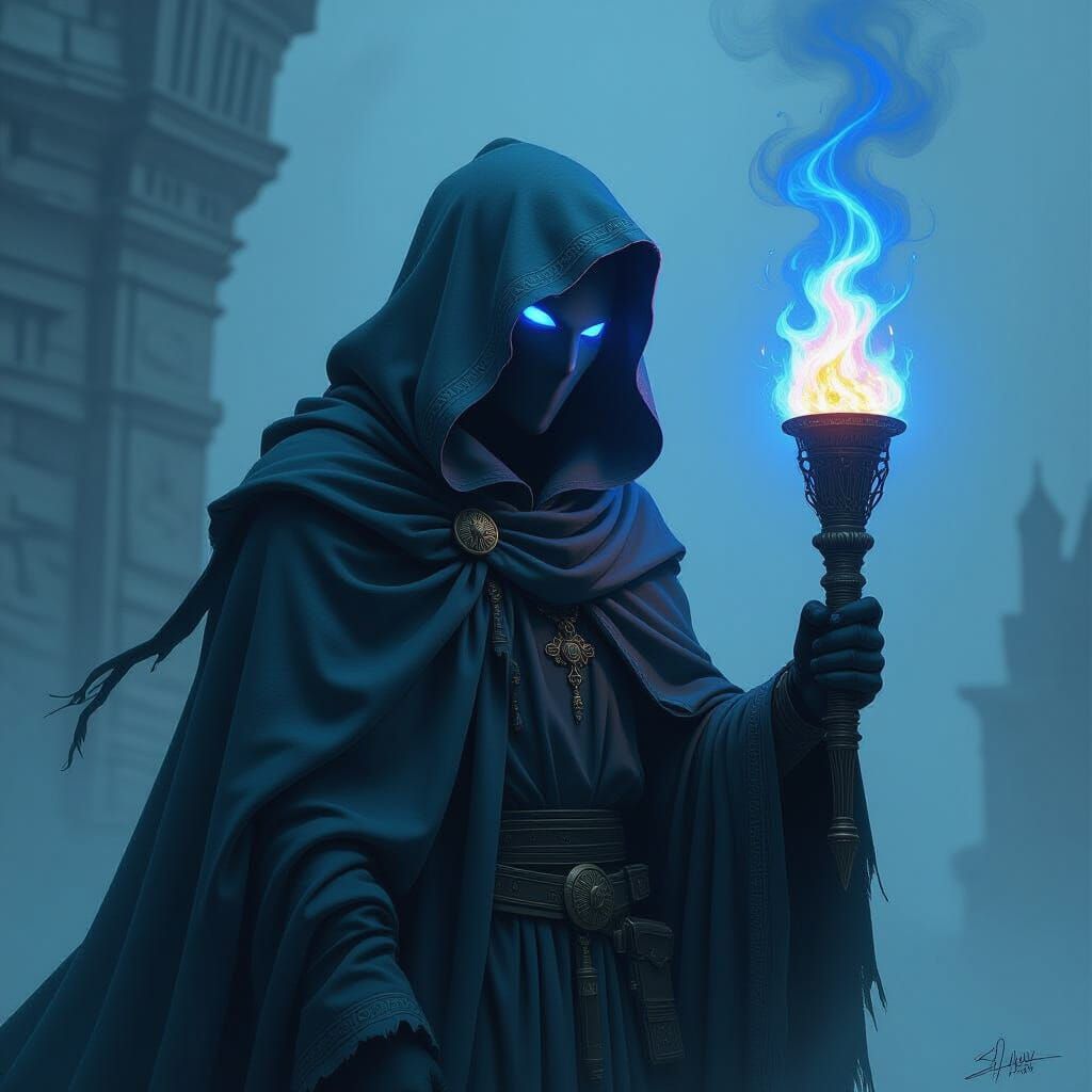 Mystical Figure Holding Blue Fire Torch
