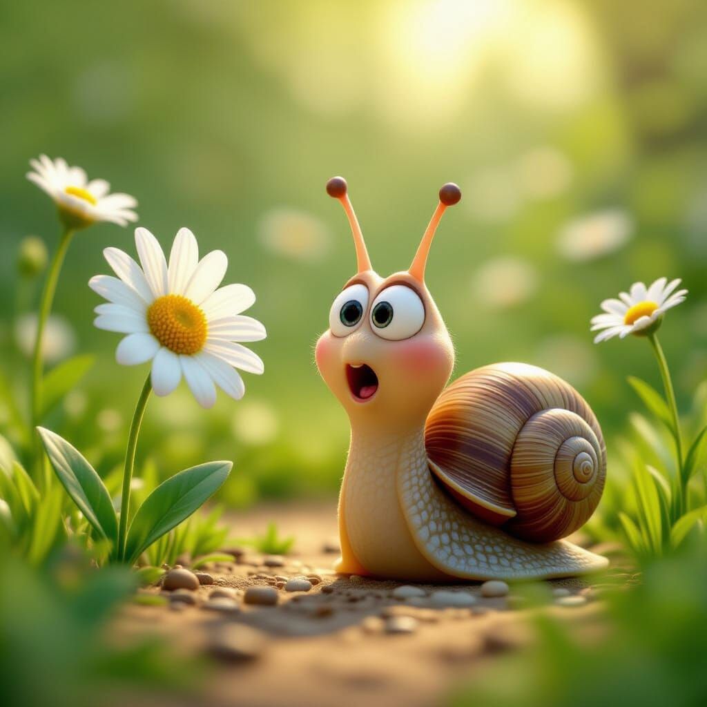 Surprised Snail and Daisy in Fairy-Tale Garden