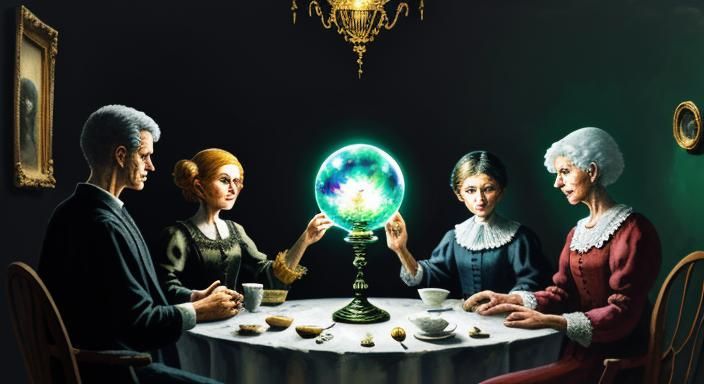 Eerie Seance Scene in Gouache and Watercolor Style