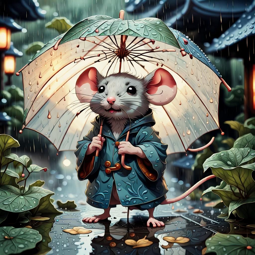 Mouse with Leaf Umbrella in Japanese Art Style