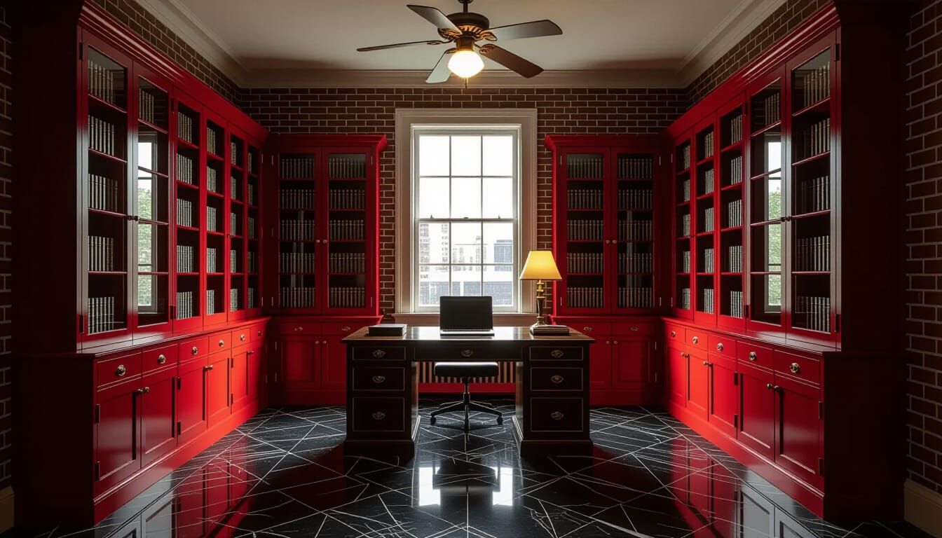 Vibrant Victorian Working Room with Dark Red Cabinets