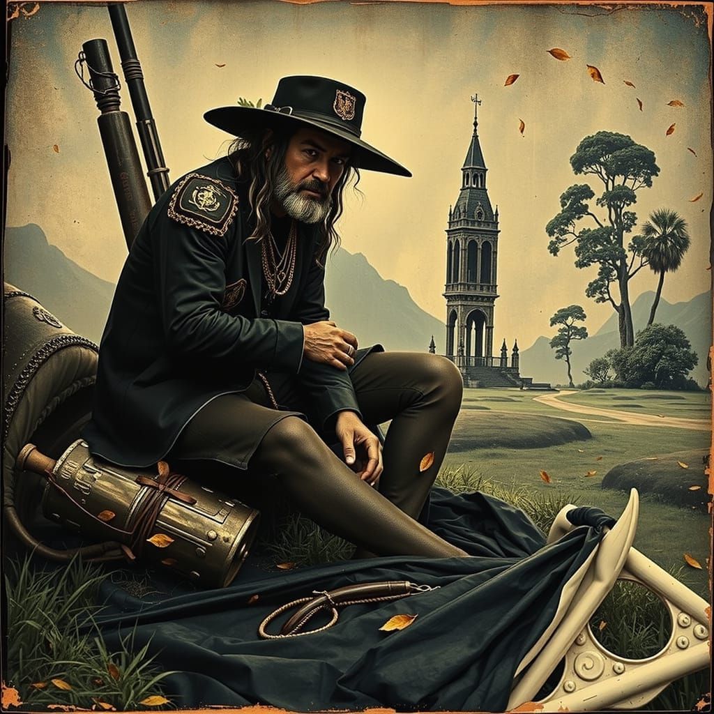 Colorful Landscape with Pink Figure and Golden Leaves