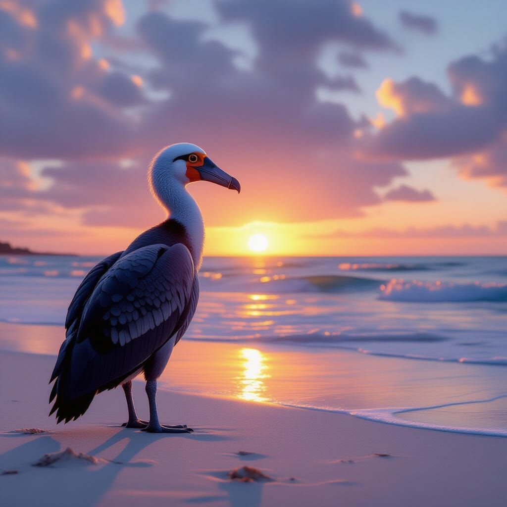Dodo Bird at Sunset: Ultra-Realistic Beach Scene