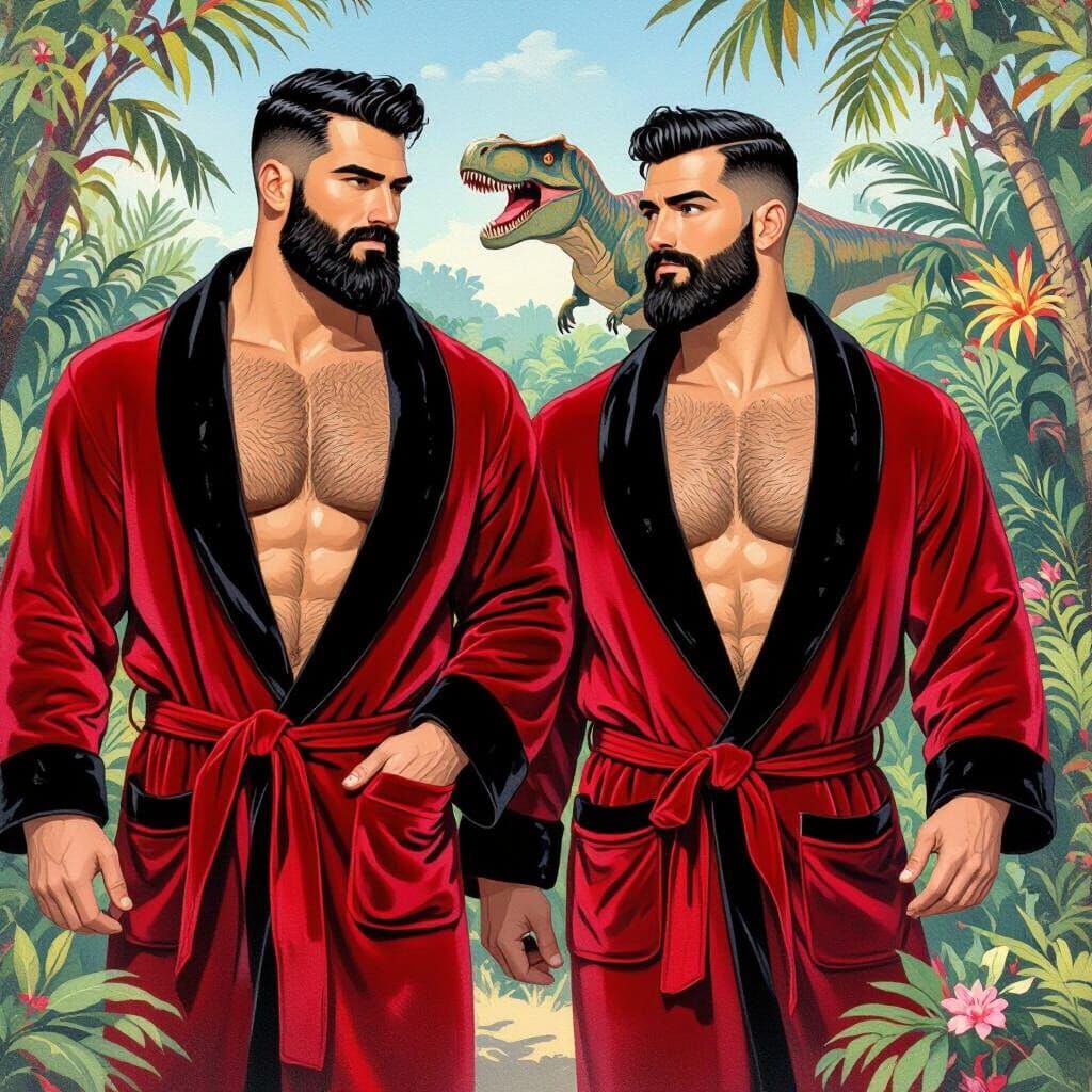Hirsute Men in Jungle with T-Rex, Matte Painting Style