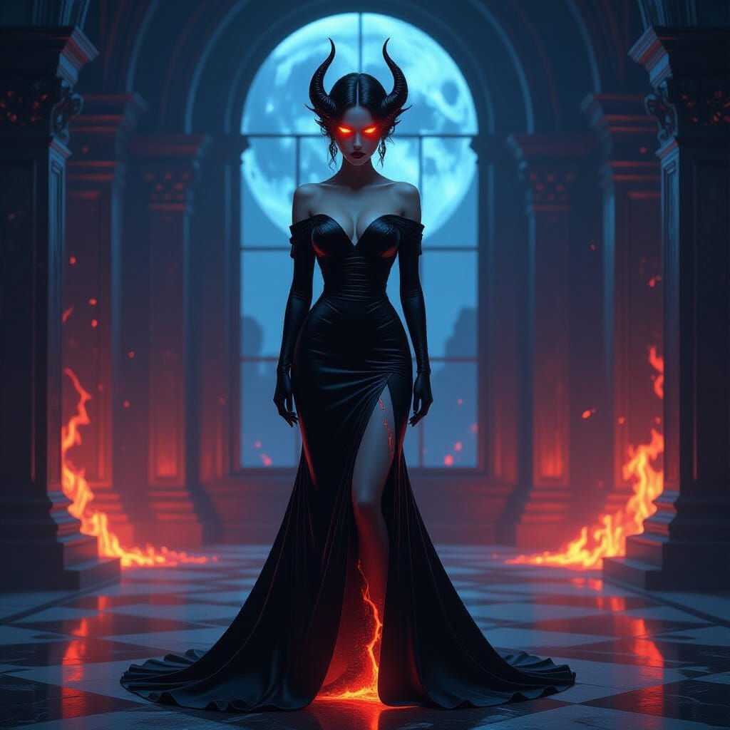 Gothic Fantasy Monster in Black Dress with Lava Accents