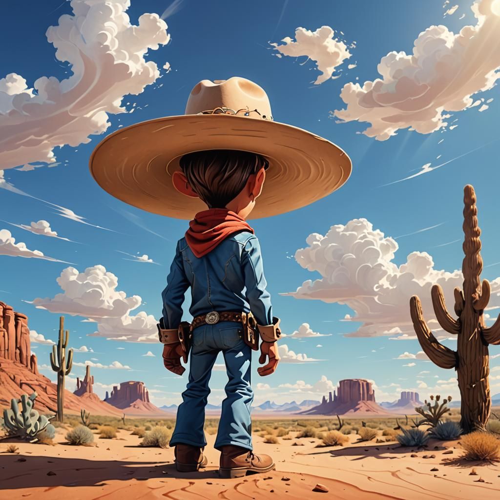 Tiny Cowboy, Giant Hat in Cartoon Desert