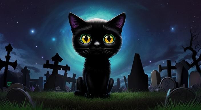 Psychedelic Chibi Cat in Graveyard 3D Rendering