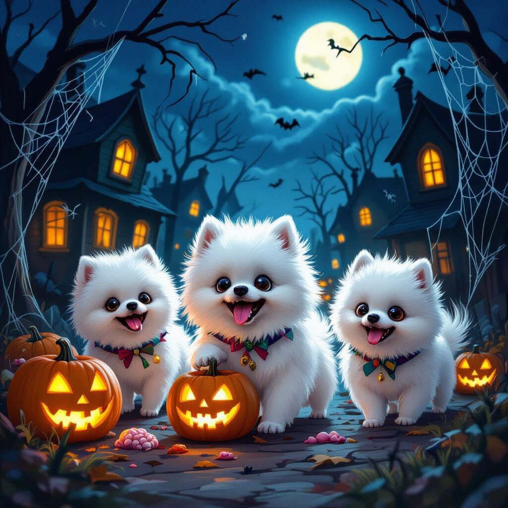 Fluffy Pomeranian Zombies Trick-Or-Treating on Spooky Hallow...