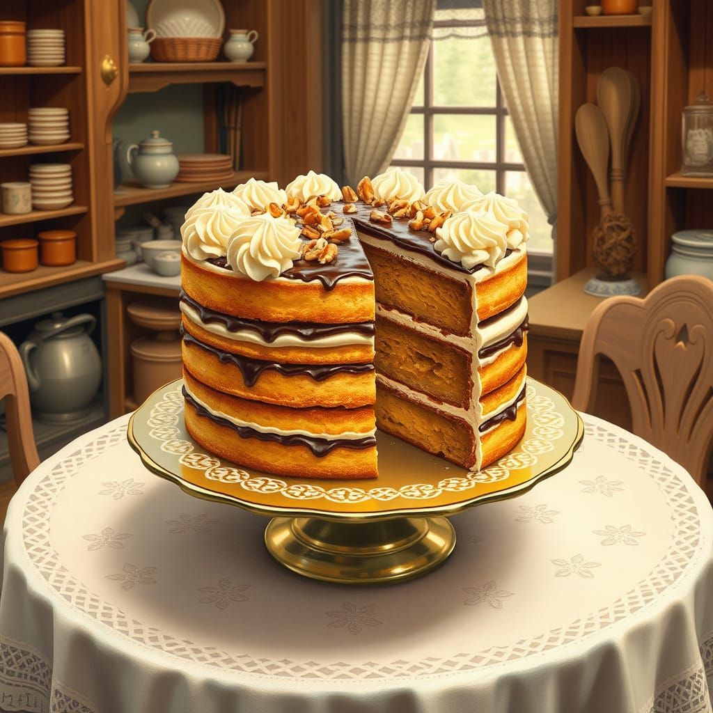 Delicious Dobos Cake with Honey and Chocolate, Illustrated S...