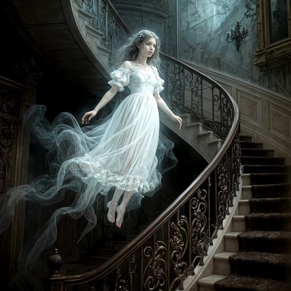 Ethereal Portrait of Ghostly Girl on Staircase