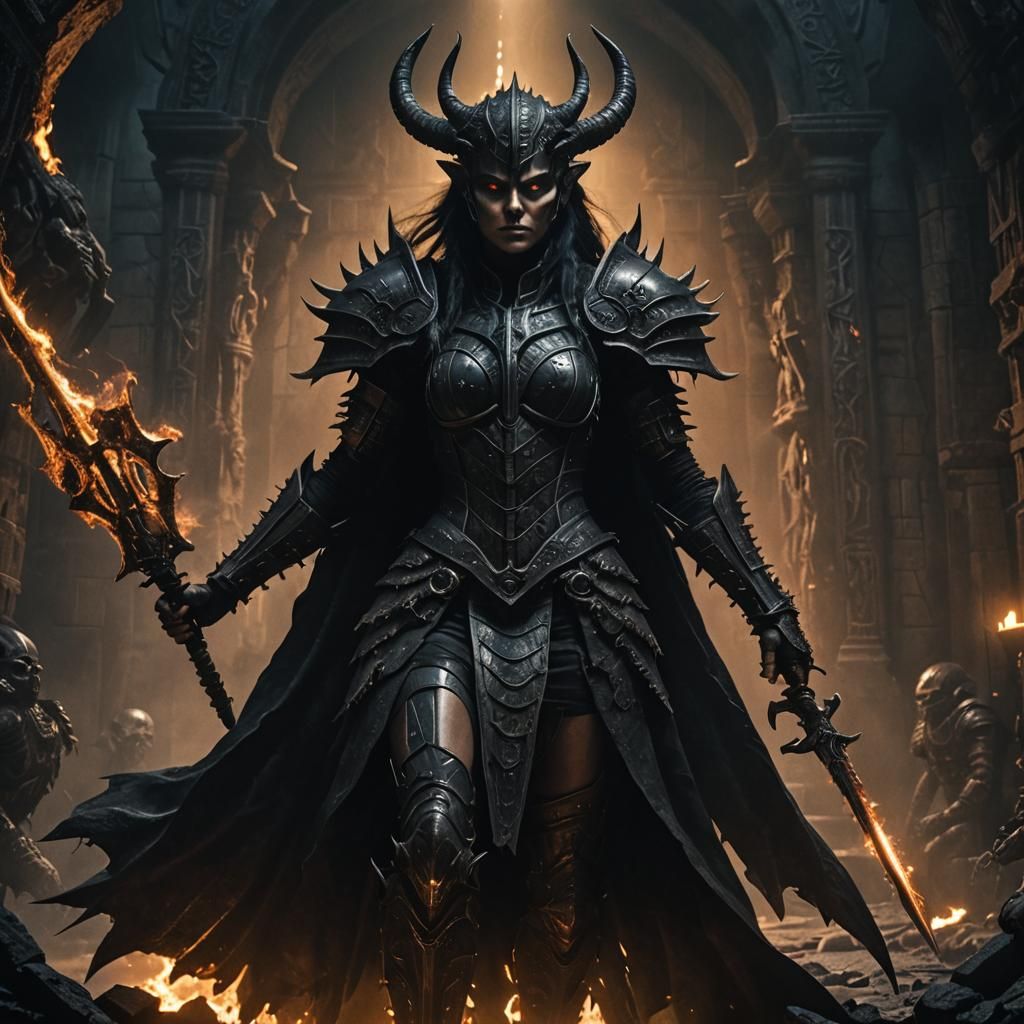 Horned Warrior in Dark Gothic Chamber