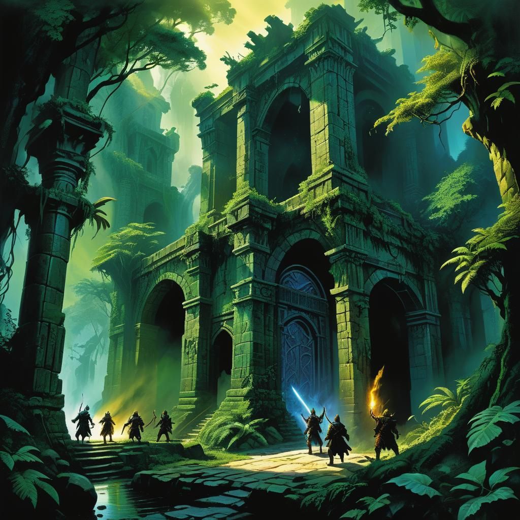 Adventurers Emerging from Dungeon into Jungle