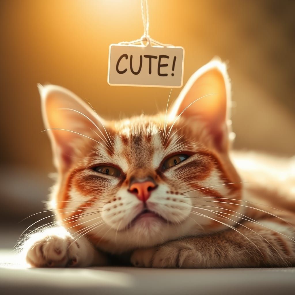 Cat Portrait with 'Cute' Sign, Studio Lighting