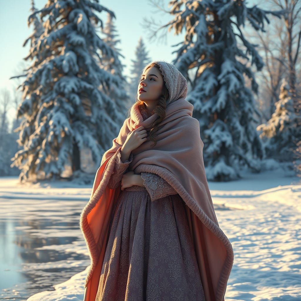 Serene Winter Goddess in Luxurious Dress Amidst Frosty Trees