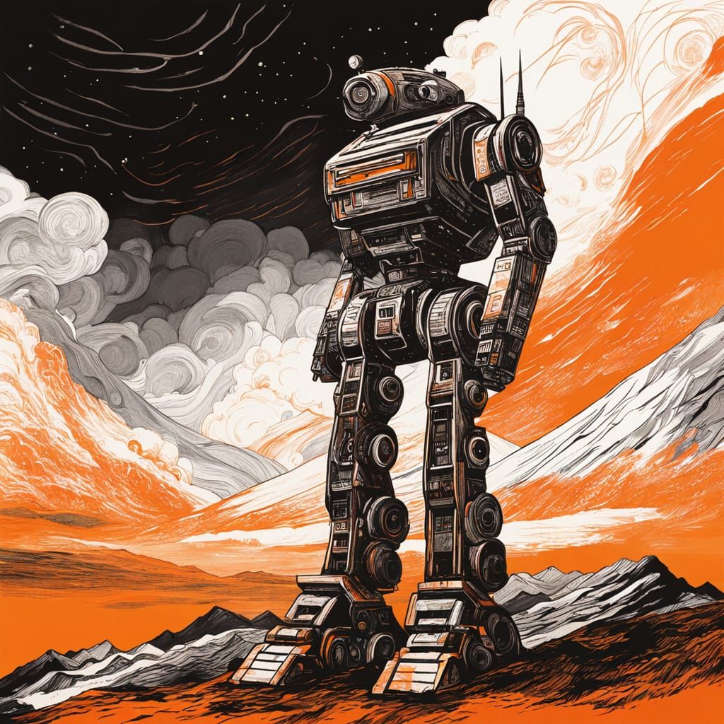 Robot Gazing at Orange Tempest Sky