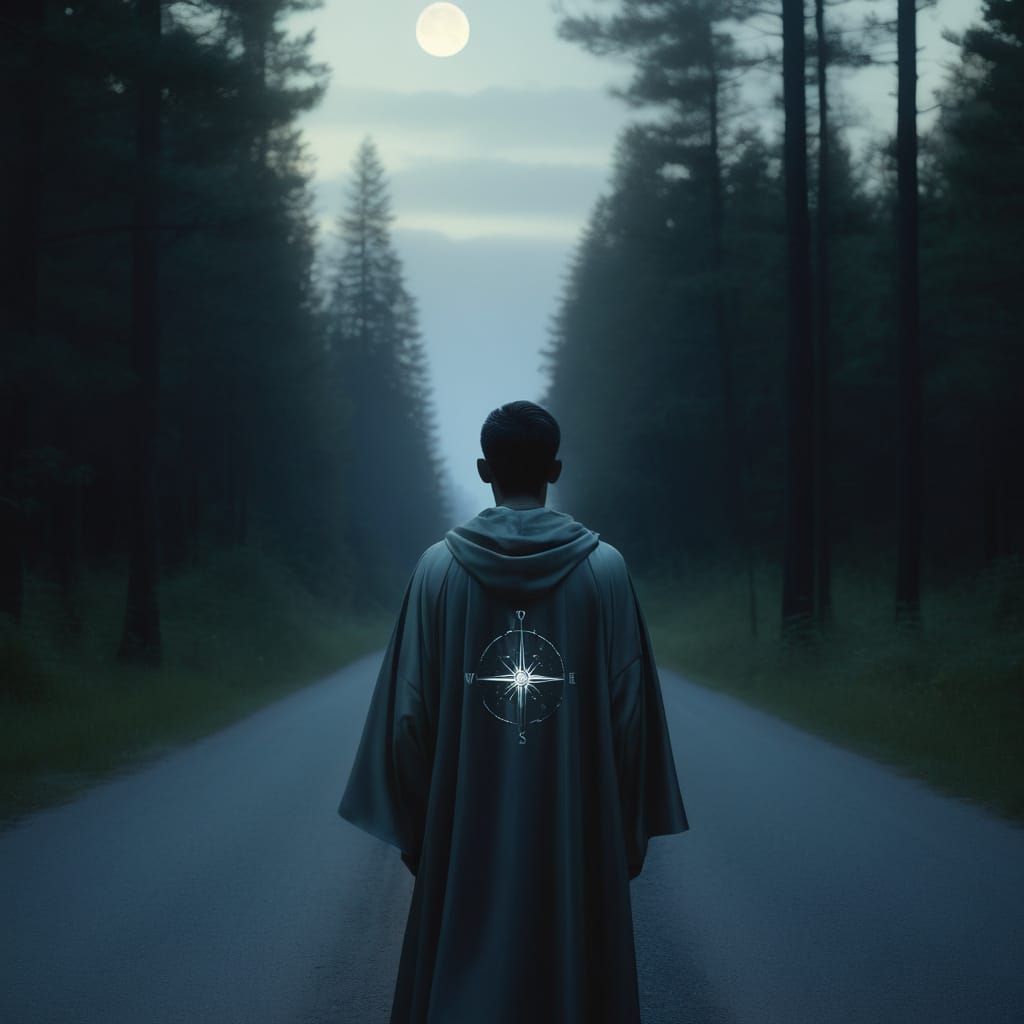 Enigmatic Figure Stands at Crossroads Under Starlit Twilight