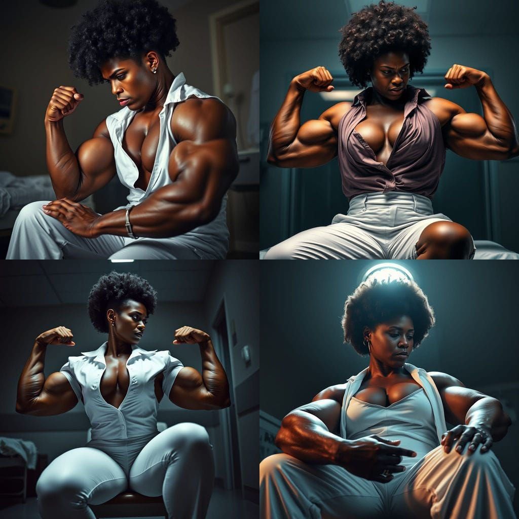 Mature Black Bodybuilder Nurse Flexes in Hospital Room