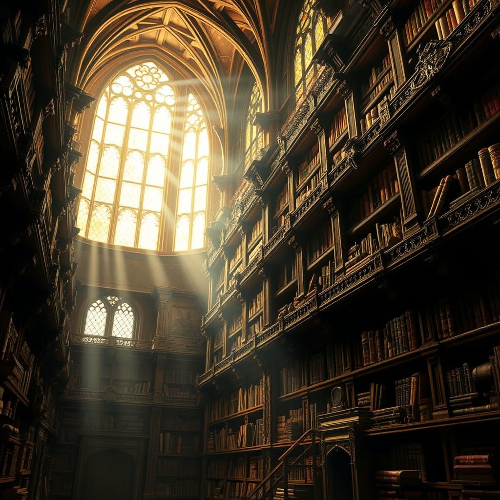 A Grand, Mystical Library with Ancient Tomes and Mysterious....