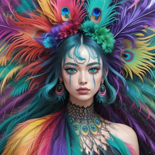 Surreal Woman with Peacock Feathers, Abstract Art