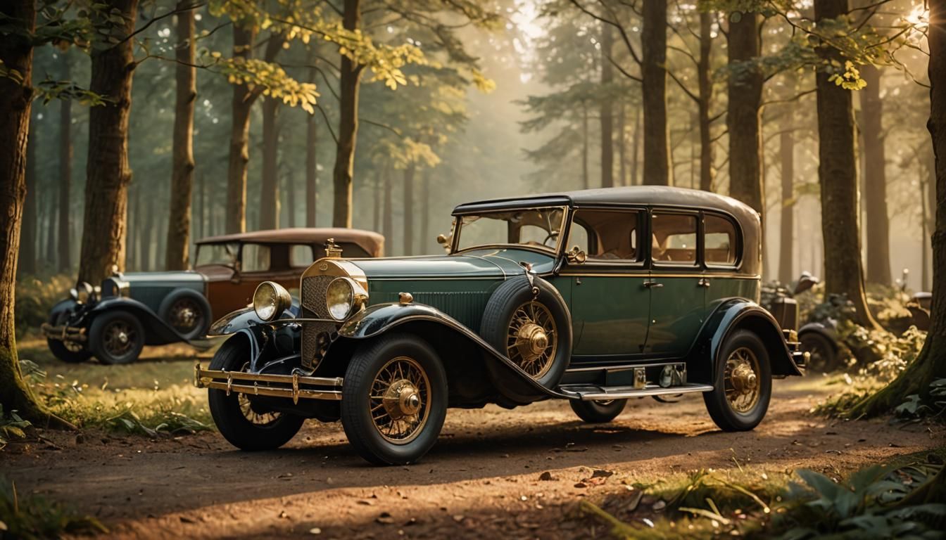 Antique Cars in Misty Forest, Art Nouveau Style