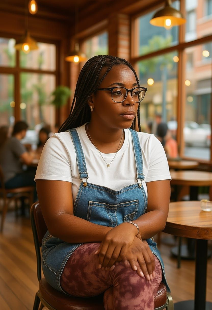 Stylish Black Woman in Cafe, Casual Pose