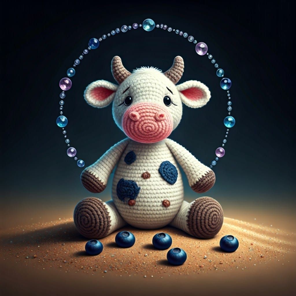 Adorable Crochet Cow on Glowing Sand with Gems